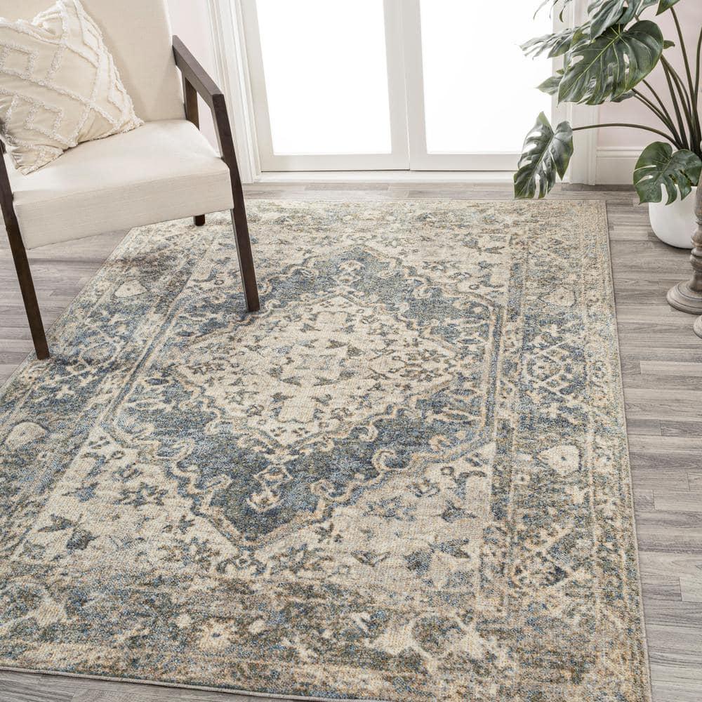 JONATHAN Y Pavel Distressed Medallion Low-Pile Machine-Washable Blue/Cream 4 ft. x 6 ft. Area Rug