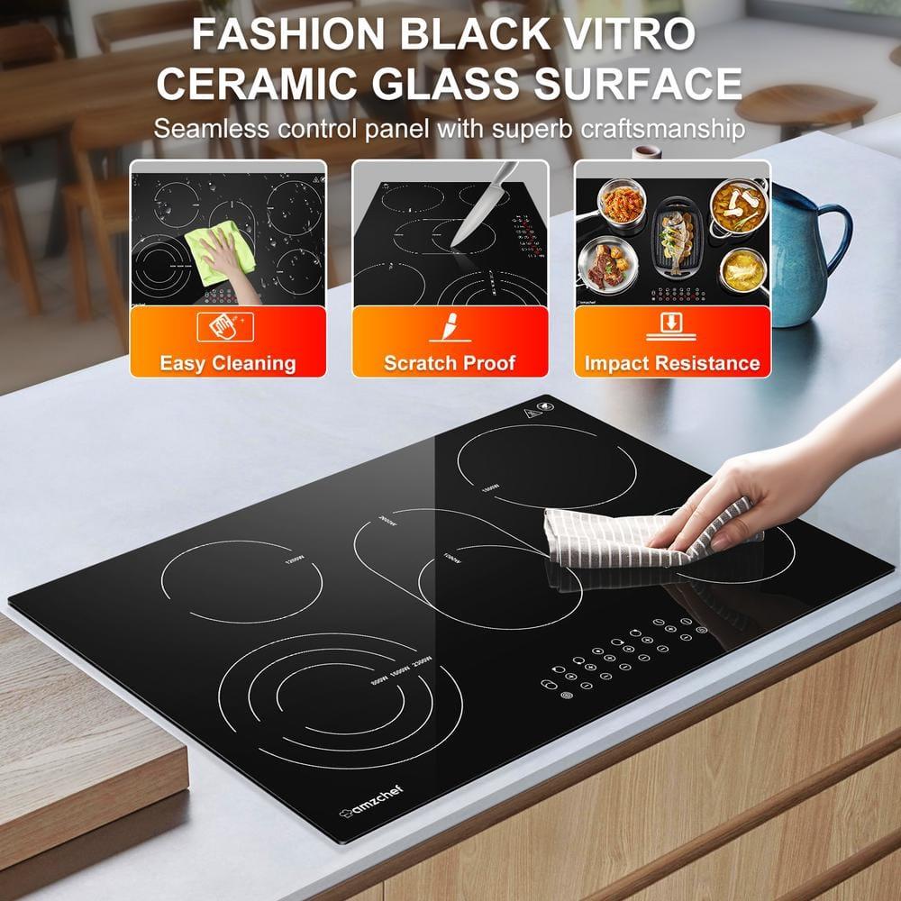 30 Inch cooktop,8500 Watt 5 Stoves,9-section heating Burner,Timer function,Waste heat alarm,Touch control,Scratch-resistant vitro ceramic glass