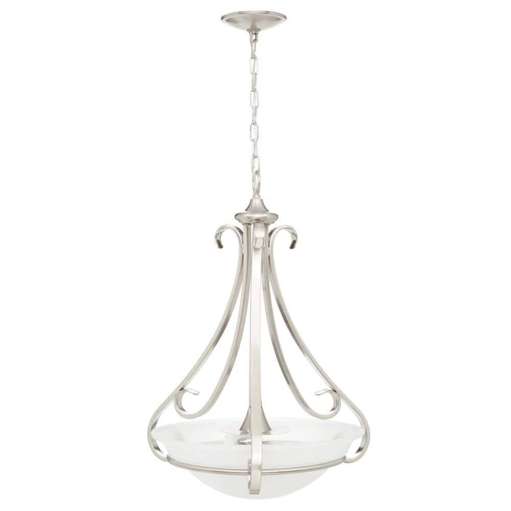 Progress Lighting Torino 3-Light Inverted Pendant, Brushed Nickel, Etched White Glass Bowl, Porcelain Material