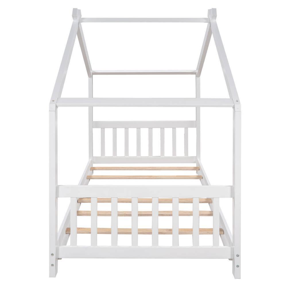 Harper & Bright Designs Twin House Bed for Kids, Floor Frame With Headboard and Footboard, Wooden Montessori Bed for Girls, Boys, White