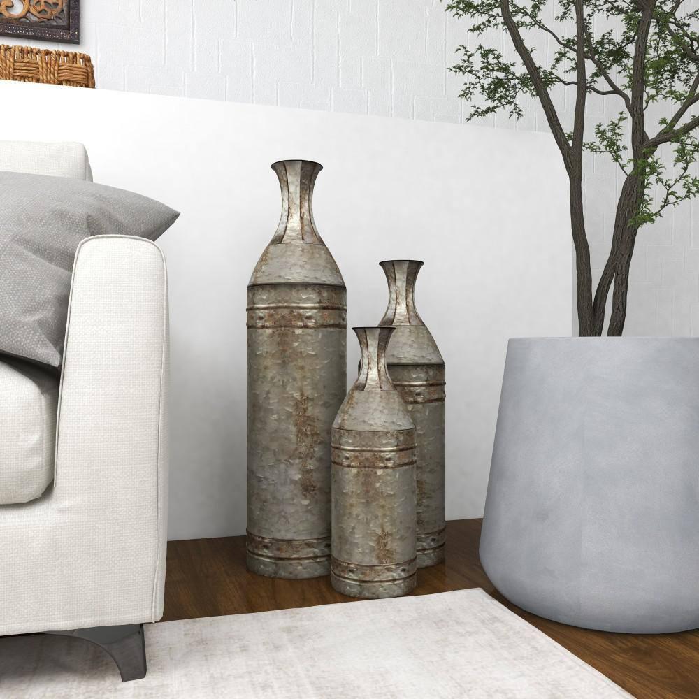 DecMode Farmhouse Cylinder Shape Extra Large Silver Distressed Metal Floor Vases, Set of 3, 43", 33", 25"H
