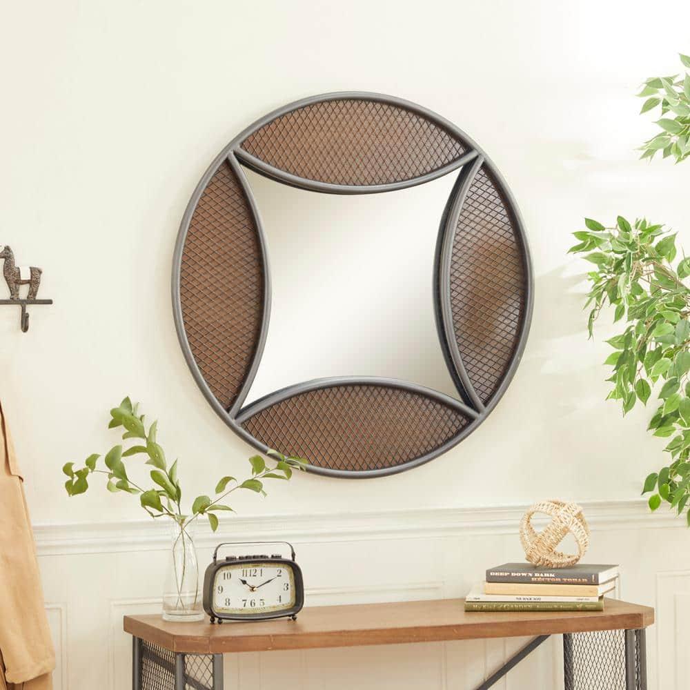 DecMode 32"W, 32"H Round Wall Mirror, Brown