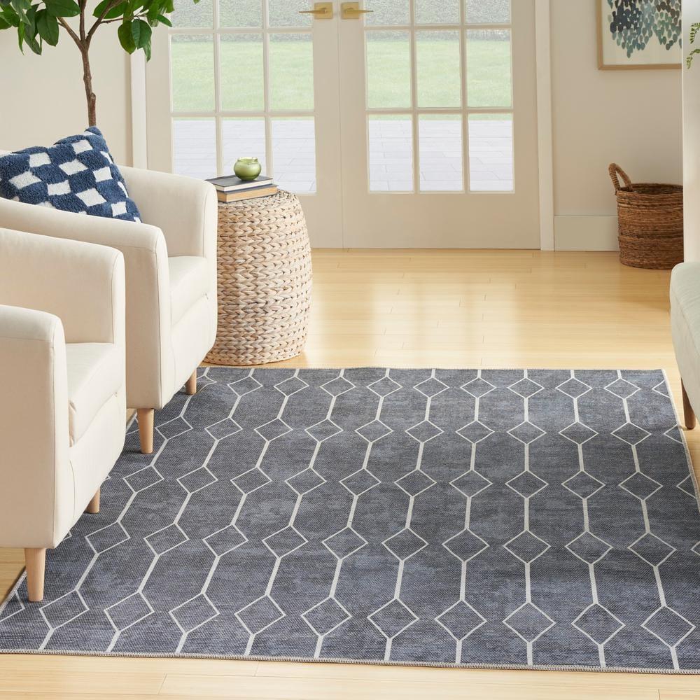 Pymble Geometric Machine Washable Area Rug in Navy Blue