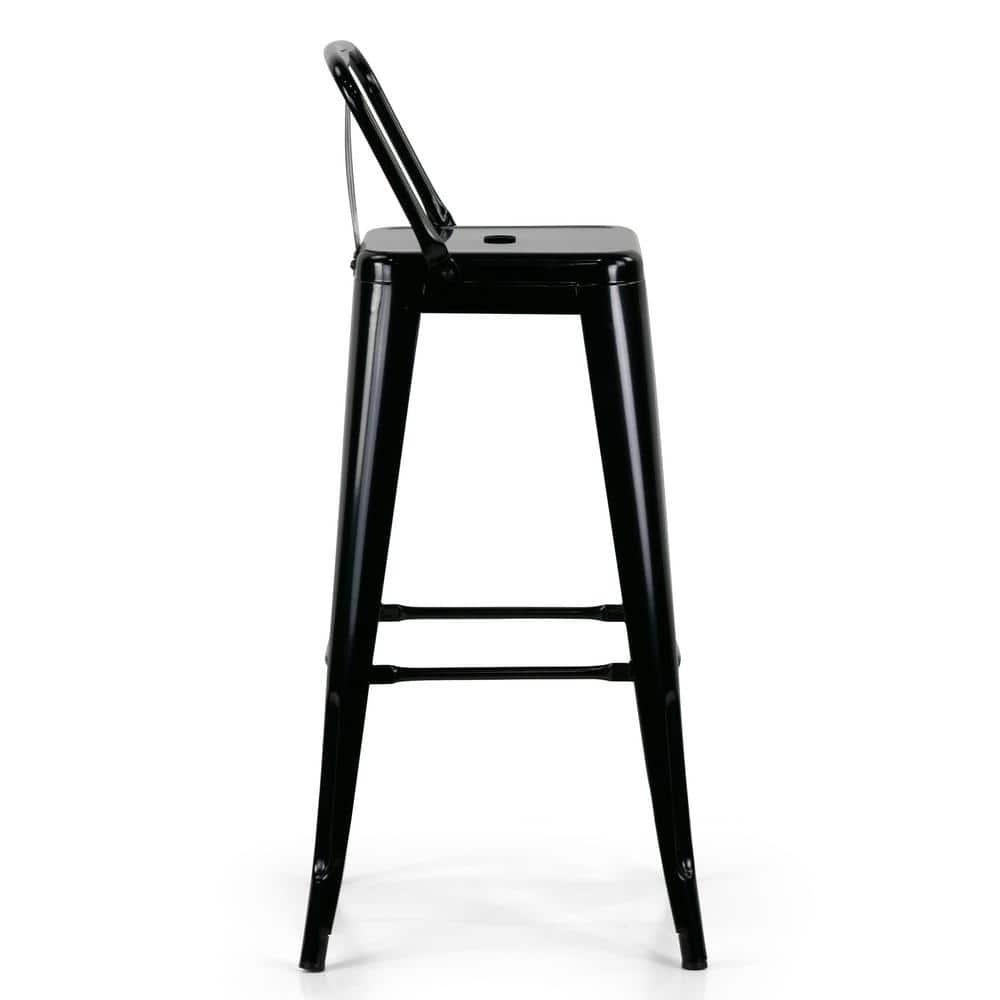 Simpli Home Rayne Metal Industrial Stool with Curved Back, Cross-Brace, and Footrest
