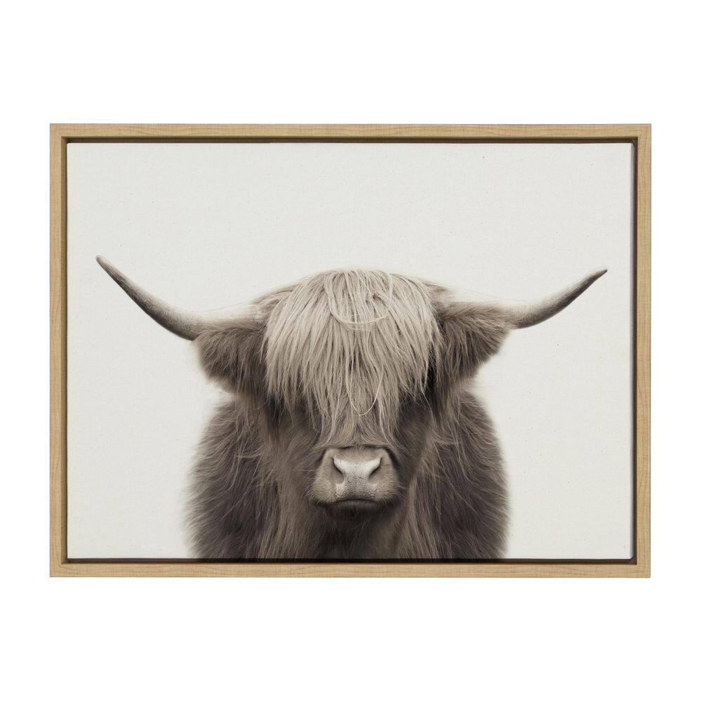 Kate and Laurel Sylvie Hey Dude Highland Cow Color Framed Canvas by The Creative Bunch Studio, 18x24, Natural