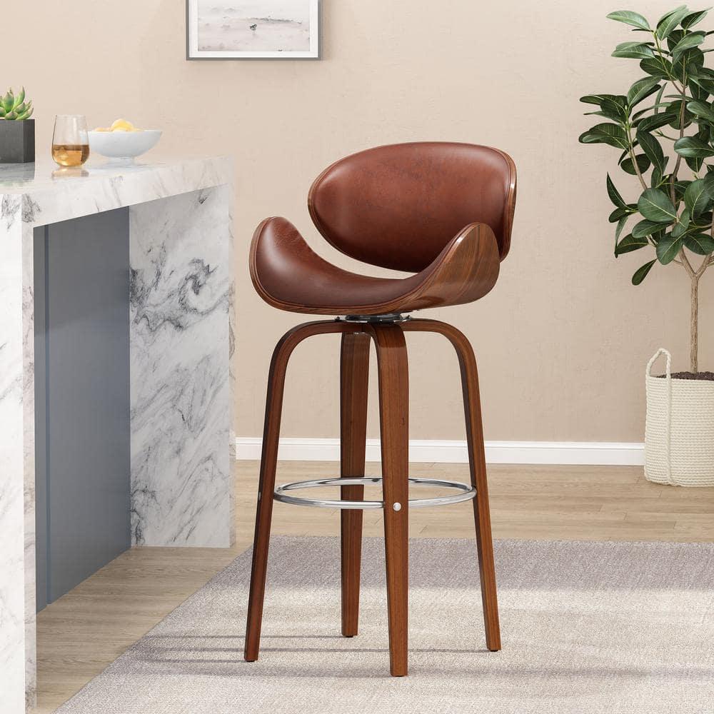 Noble House Cordele Indoor Upholstered Swivel Barstool, Cognac Brown and Walnut
