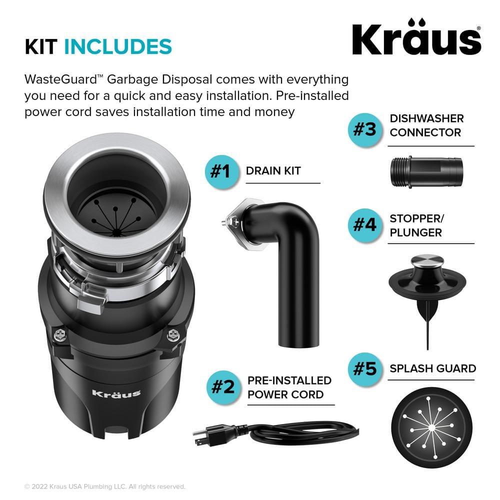 Kraus 1/3 HP WasteGuard High-Speed Ultra-Quiet Motor Garbage Disposal with Quick Connect Mount