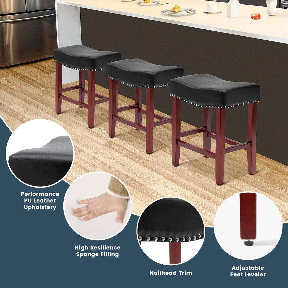 Polytrends Jameson Upholstered Polyester Cherry 24 Inch Counter Stool Cherry/Black Wood Wood Footrest Leather Modern & Contemporary