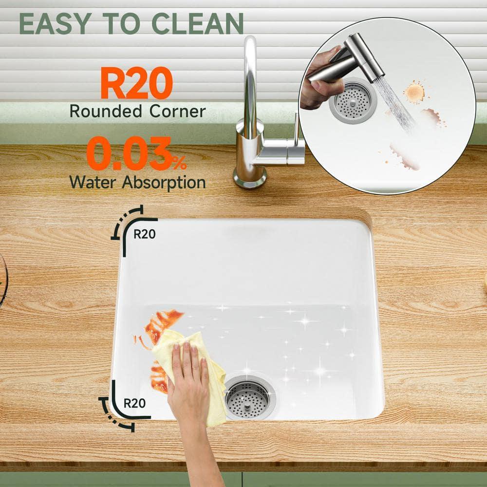 18" L x 18" W Single Bowl Fireclay Kitchen Sinks White with Bottom Grids and Basket Strainer