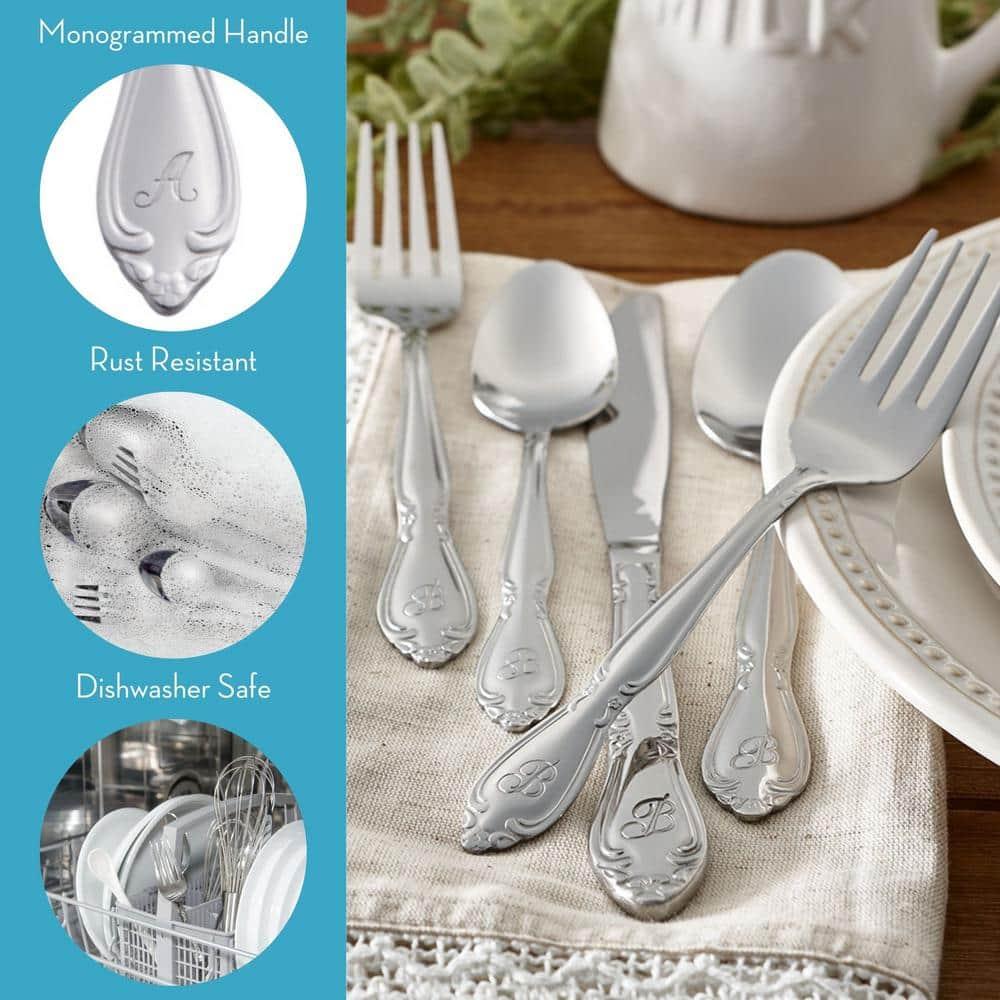 RiverRidge Home RiverRidge Rose Flatware 46-Piece Monogrammed Stainless Steel Silverware Set for 8