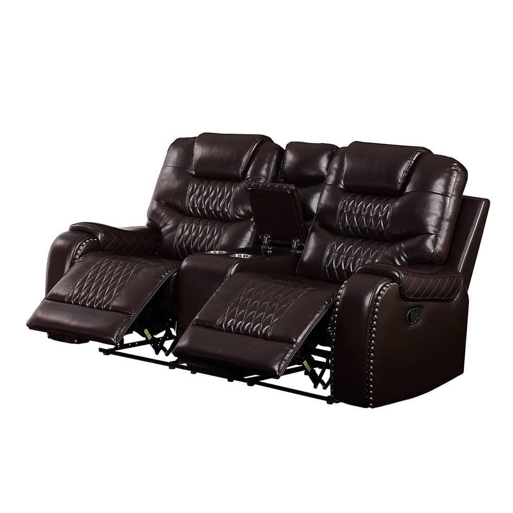 78" Braylon Active Sitting Chair Brown PU - Acme Furniture: Loveseat with Console & Cup Holders