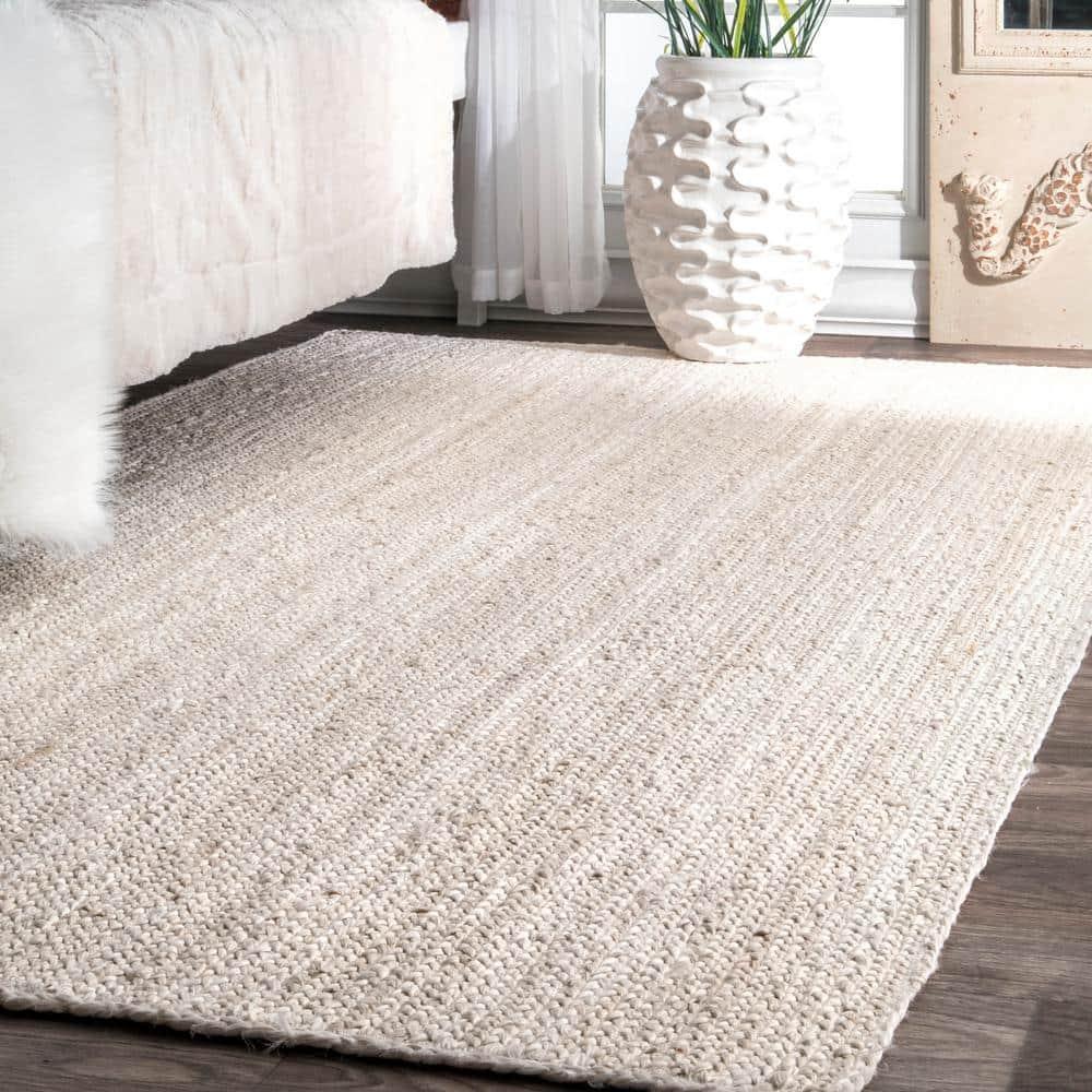 Nuloom 10 Square Rigo Jute Hand Woven Indoor Area Rug, Off White, Solid Farmhouse Design, Natural Fiber Bedroom, Living Room, Kitchen,