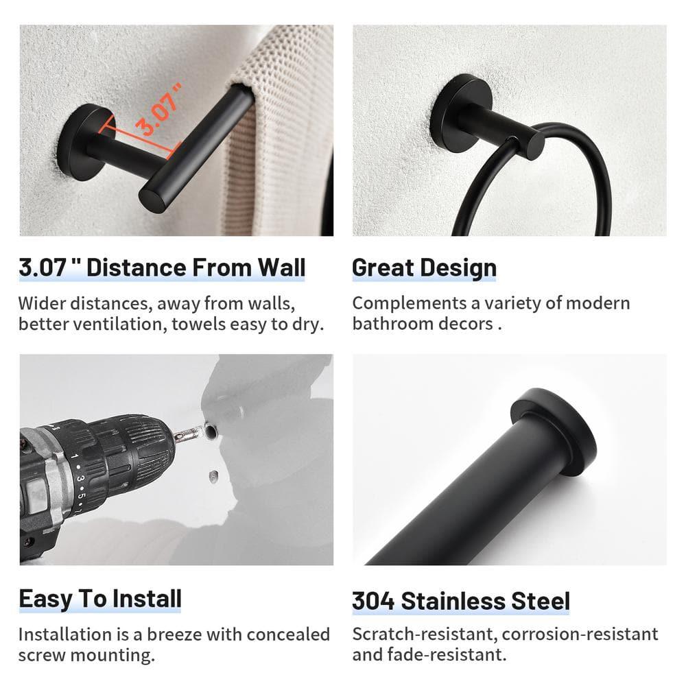 6 PCS Bathroom Hardware Set, Including 16" Hand Towel Bar, Toilet Paper Holder, Towel Ring, Robe Towel Hooks, Bathroom Accessories Kit(Matte Black)