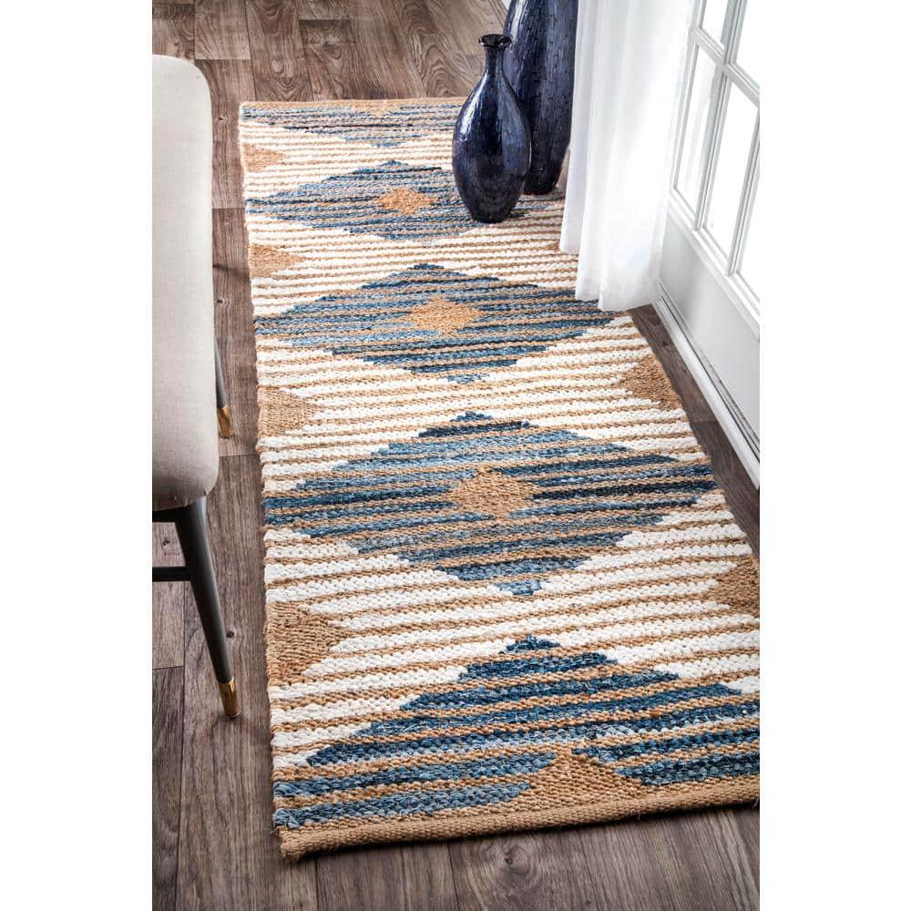 nuLOOM Hand Braided Marla Denim And Jute Diamonds Area Rug, Runner 2' 6" x 10', Off White