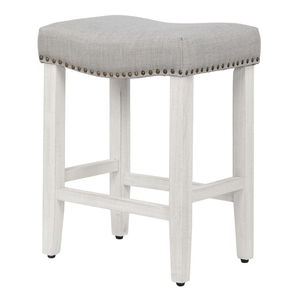 Polytrends Jameson Upholstered Polyester Antique White 24 Inch Counter Stool Antique White/Gray Wood Rubberwood Footrest Fabric Glam