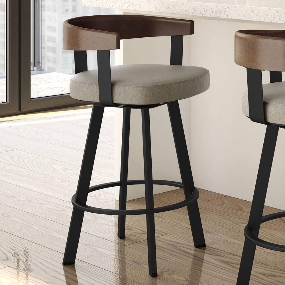 Amisco Lars Upholstered Counter Height Barstool Greige/Black: Faux Leather, Steel Frame, 26" Seat