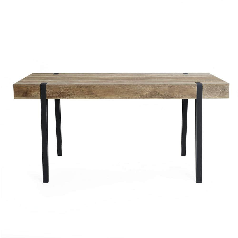 LuxenHome Oak Finish MDF Wood Black Metal Dining Table Brown