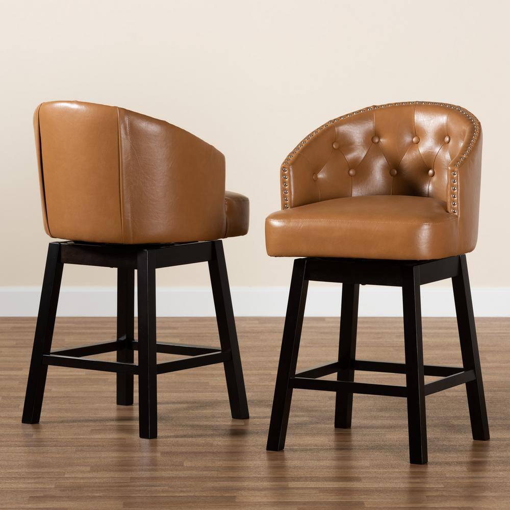 2pc Theron Faux Leather and Wood Swivel  Counter Height Barstool Set Tan/Espresso Brown - Baxton Studio: Mid-Century, Button-Tufted, Nailhead Trim