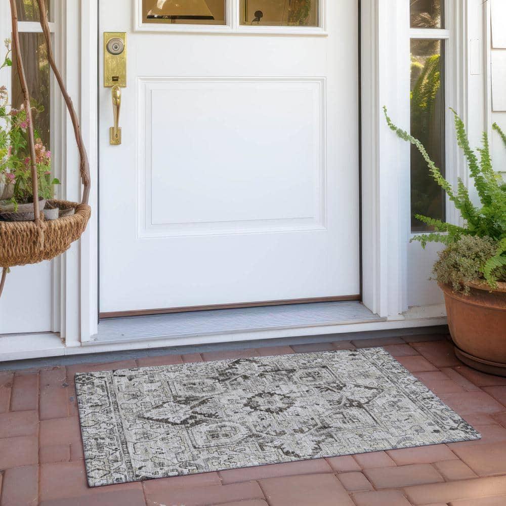 Ivory and Gray Synthetic Oriental Washable Area Rug 1'8" x 2'6"