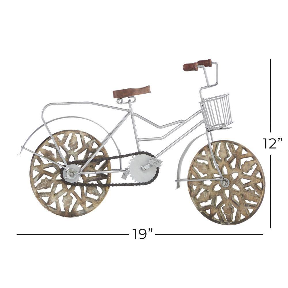19" x 12" Brown Metal Bike Sculpture with Carved Wood Wheels, by DecMode