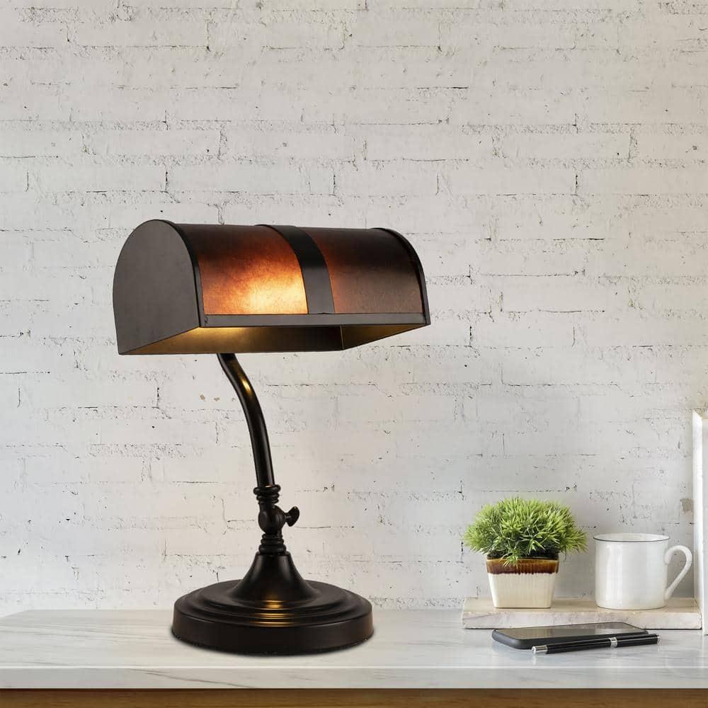 Lavish Home Mission-Style LED Banker's Lamp with Amber Mica Shade (Black)