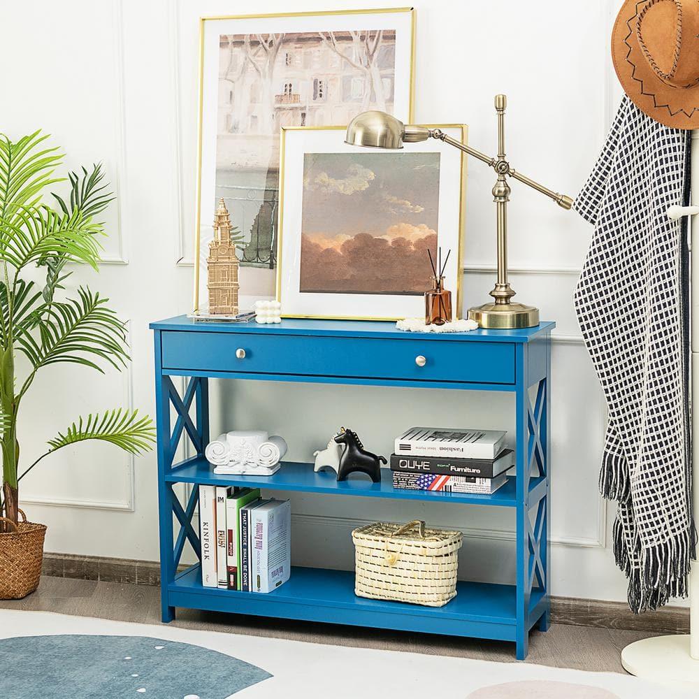 Costway 3-Tier Console Table X-Design Sofa Entryway Table with Drawer & Shelves Blue