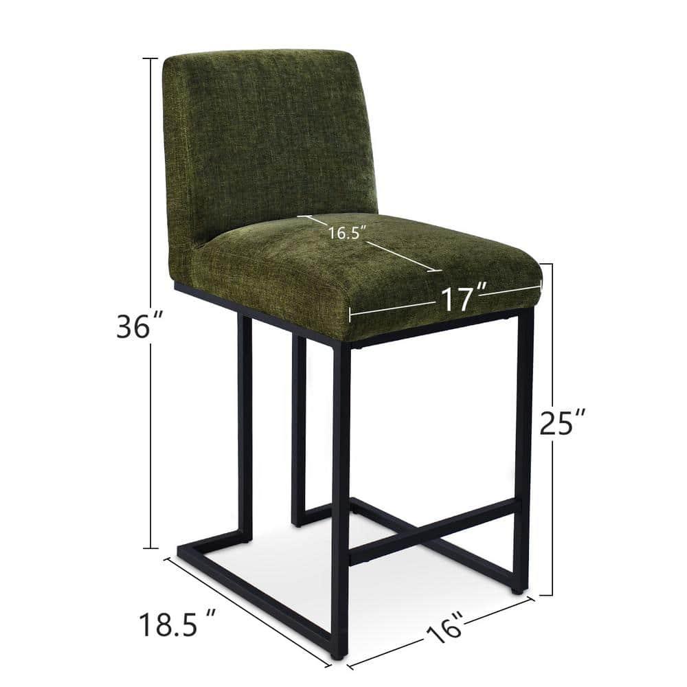 Mason Set of 2 Fabric Counter Height Stools,25" Armless Green Upholstered Fabric With Black Metal Sled Legs Counter Height stools-Maison Boucle