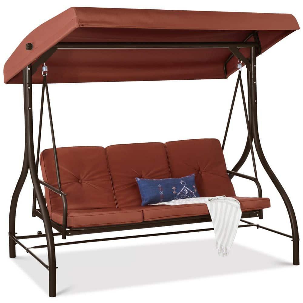 Best Choice Products 3-Seat Outdoor Converting Canopy Swing Glider Patio Hammock w/ Removable Cushions - Dark Rust