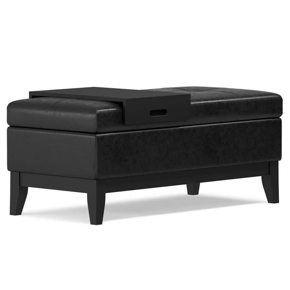 Simpli Home Oregon 42"W Upholstered Storage Ottoman Bench with Lift-Top Lid and Tray