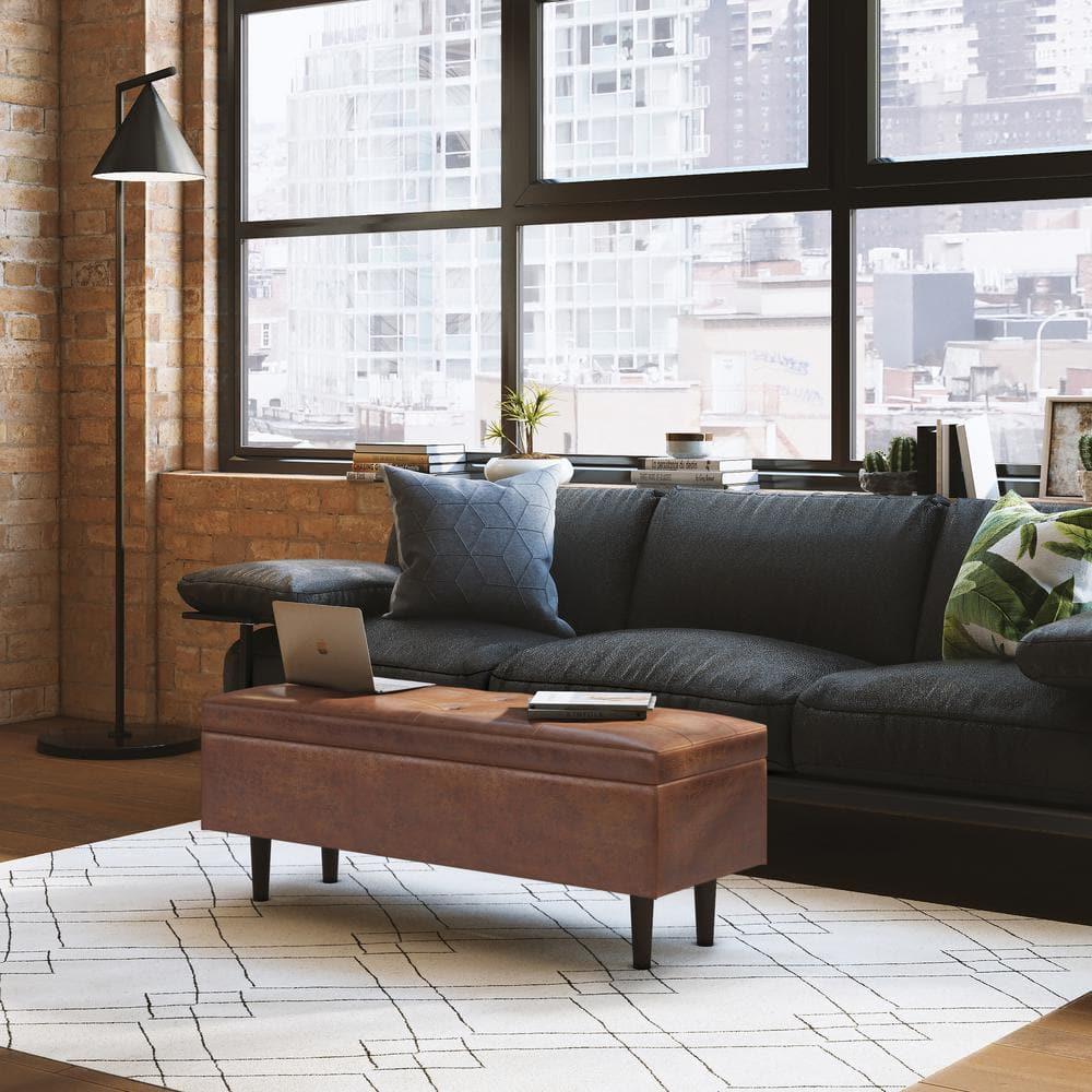 Simpli Home Shay 48 inch W. Modern Storage Ottoman in Distressed Saddle Brown Faux Leather