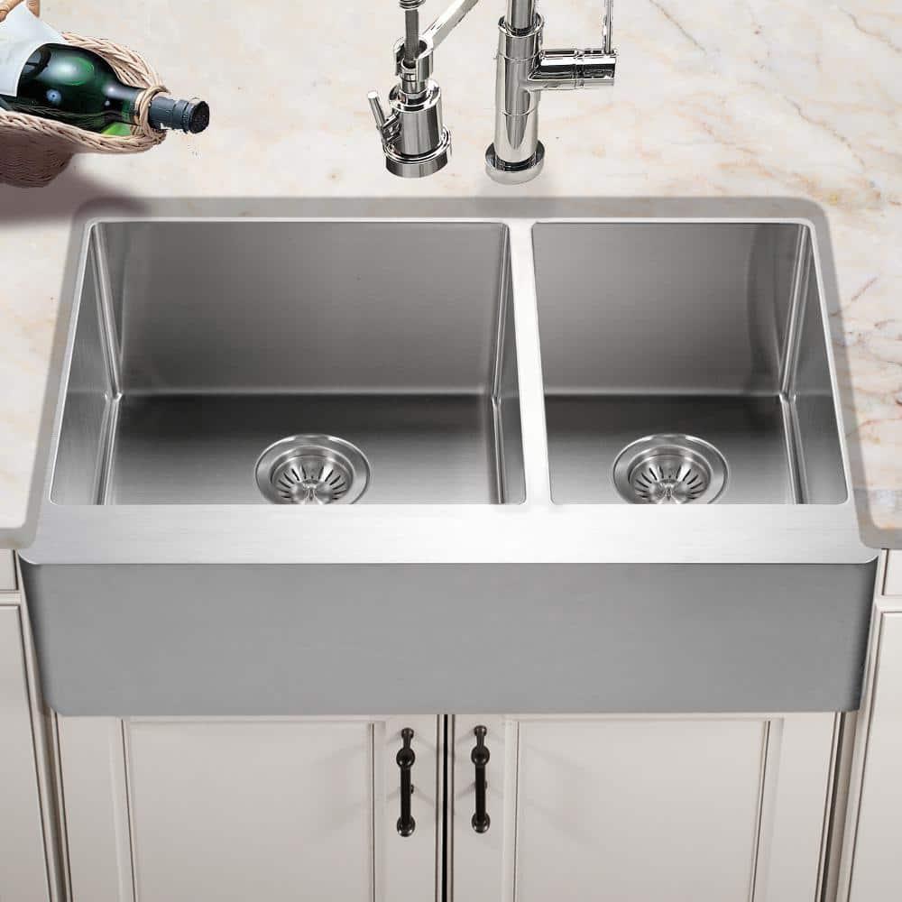 Epicure 33'' L Farmhouse / Apron Double Bowl Stainless Steel Kitchen Sink