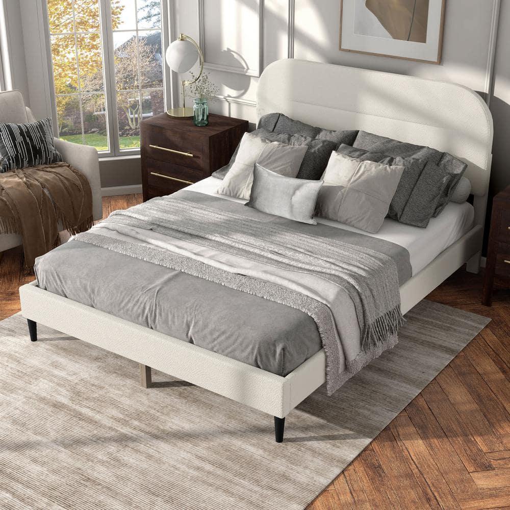 24/7 Shop At Home Queen Heartwild Modern Boucle Upholstered Rounded Platform Bed White: Padded Headboard, No Box Spring Required