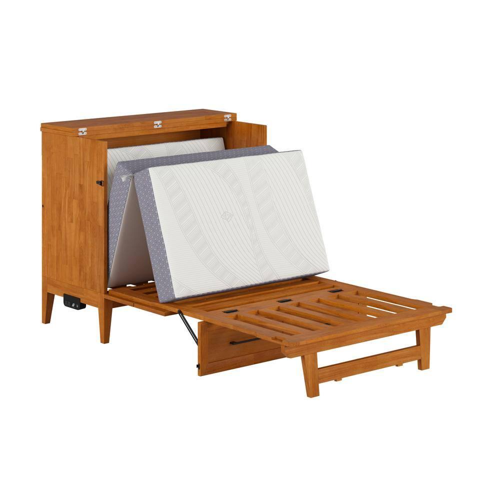 AFI Santa Fe Twin Wood Murphy Bed Chest with Mattress and Built-in Charger, Light Toffee