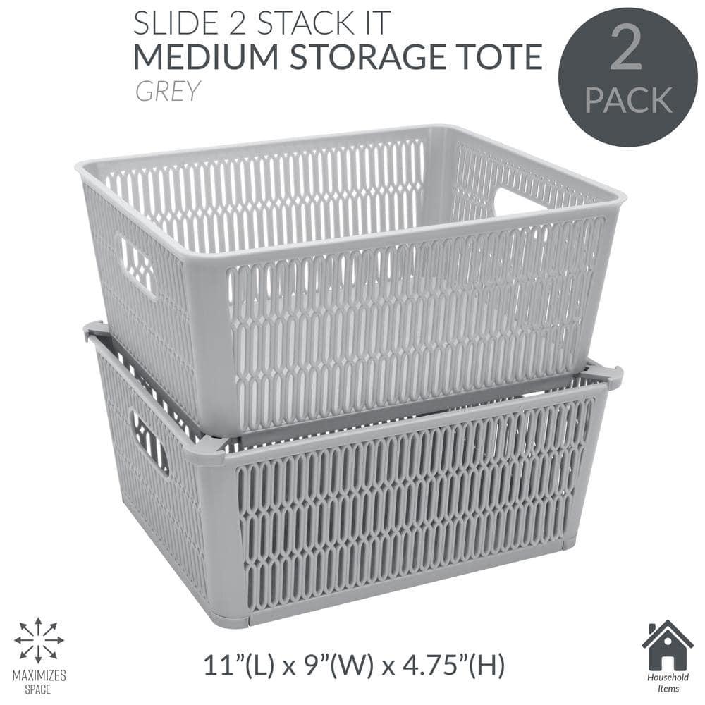 Simplify Slide 2 Stack It 2 Pack Plastic Storage Basket in Grey