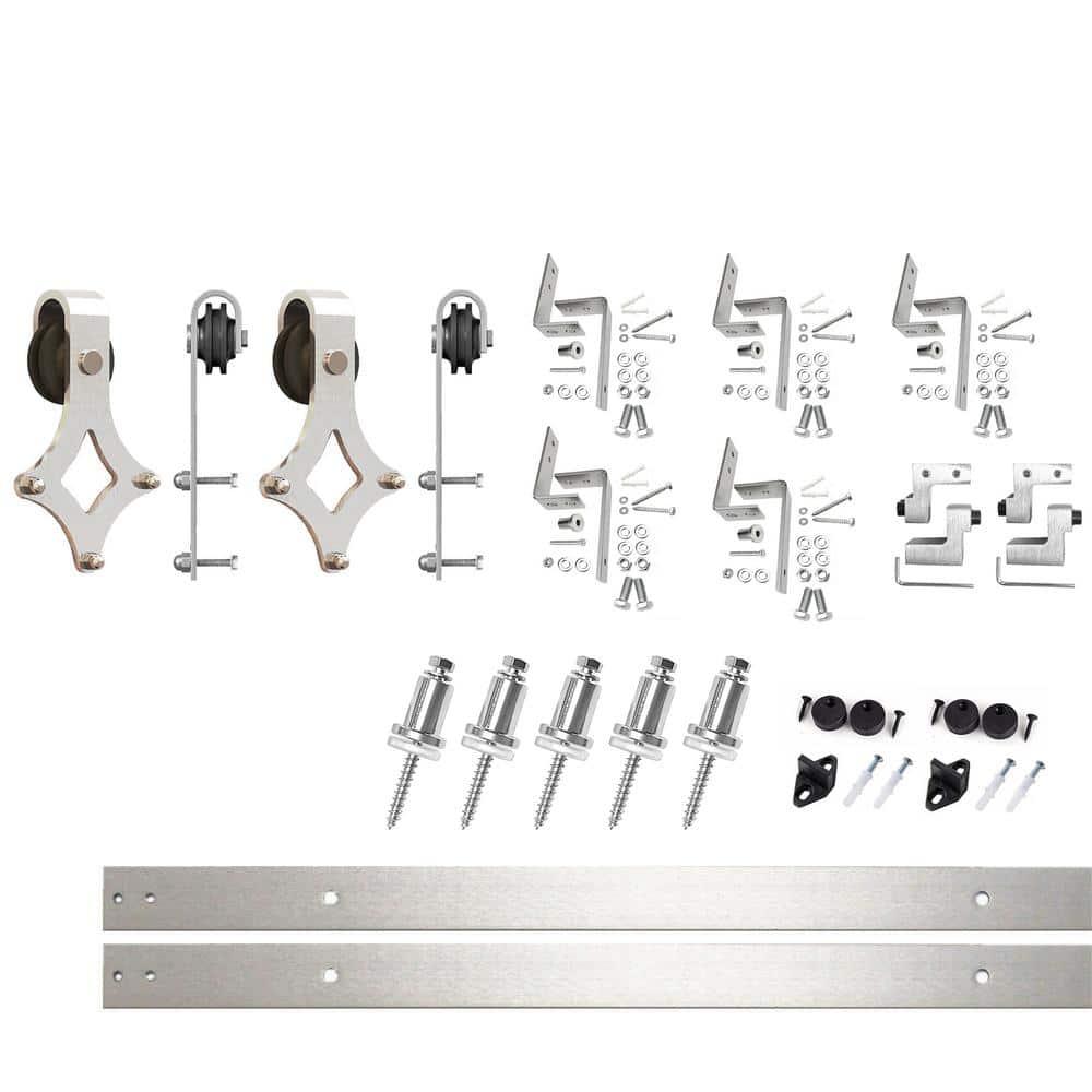 Homacer Brushed Nickel Double Track Z-Shape Bypass Sliding Barn Door Hardware Kit, for Two/Double Doors, 6ft Long Flat Track, Diamond Design Roller, Heavy Duty, for Interior Use