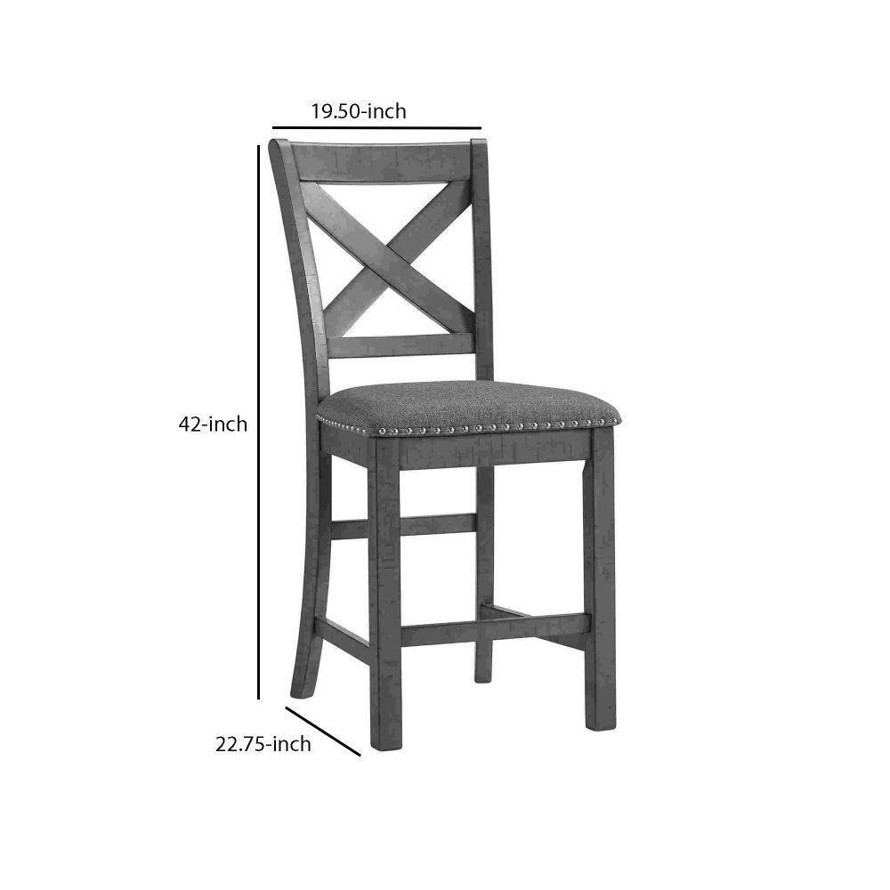 Barstool with Wooden X Shaped Back and Fabric Seat, Set of 2, Gray
