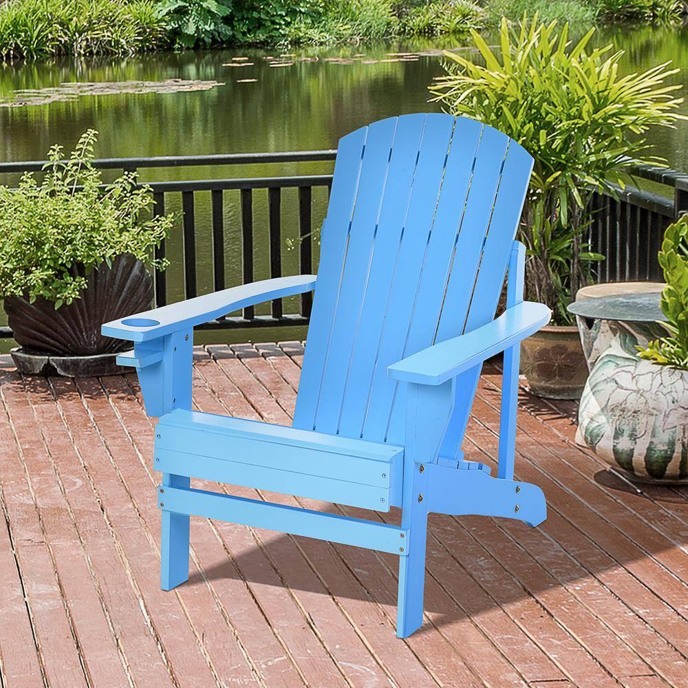 Outsunny Oversized Adirondack Chair, Outdoor Fire Pit and Porch Seating, Classic Log Lounge w/ Built-in Cupholder for Patio, Backyard, Blue