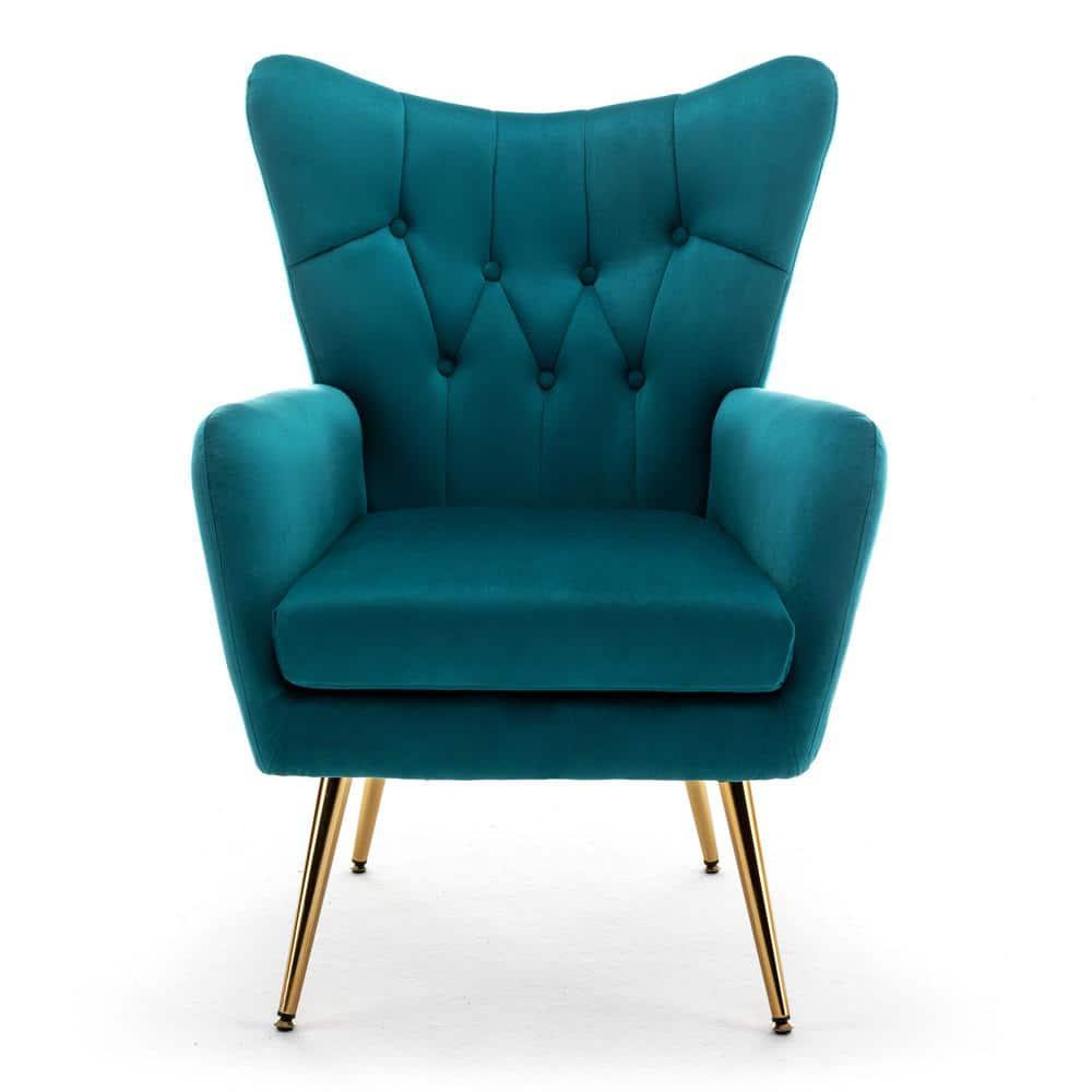 Modern Chic Mid-Century Velvet Accent Armchair for Living Room, Bedroom, or Home Office, Button-Tufted Wingback Design with Gold Flared Legs, Dark Teal