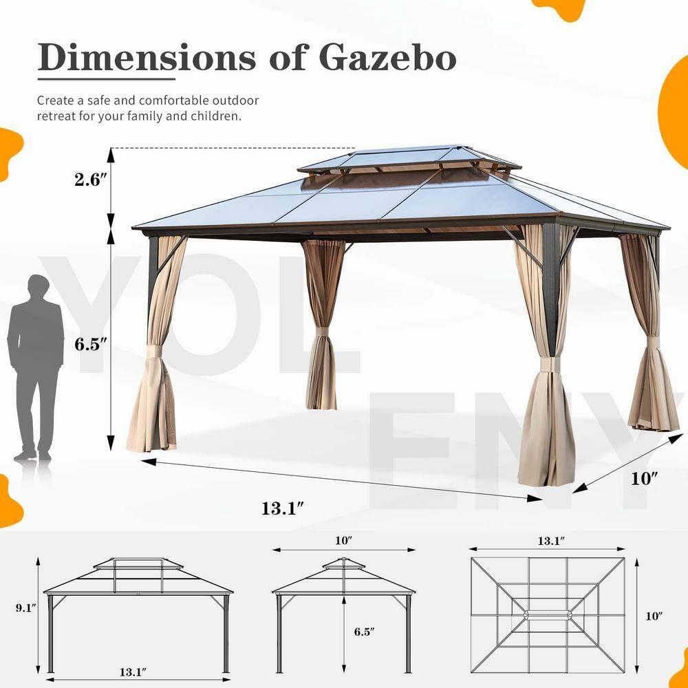 Erommy 10' x 13' Double Roof Hardtop Gazebo, Aluminum Frame Polycarbonate Roof