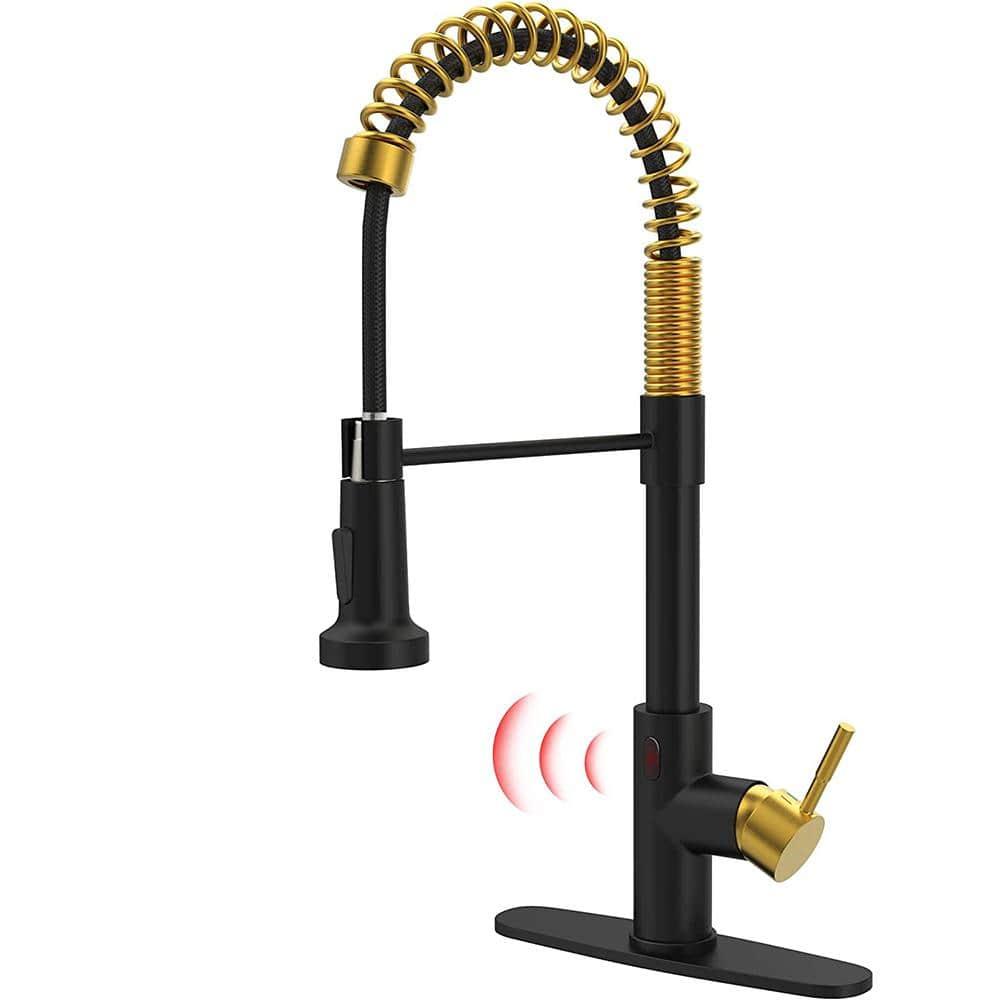 GIMILI Black and Gold Touchless Kitchen Faucet with Pull Down Sprayer Motion Sensor Smart Hands-Free Activated Single Hole Spring Faucet for Kitchen Sink