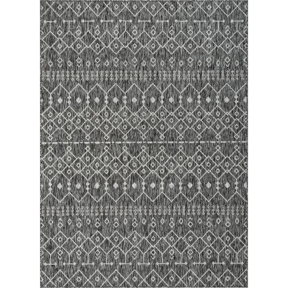 Nors Dark Grey Indoor/Outdoor Flat-Weave Pile Nordic Lattice Pattern Area Rug (6'7" x 9'3")