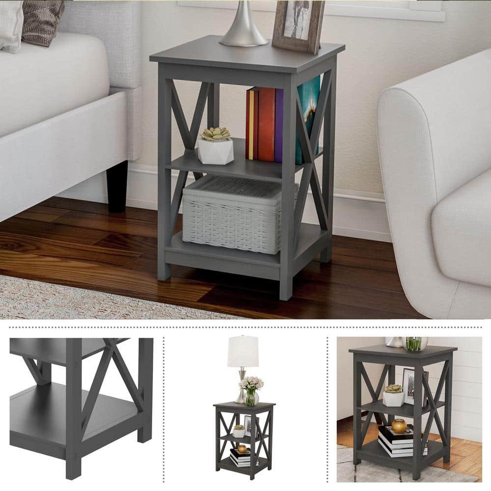 Queribus Side Tables with Two Shelves – 2 Piece Contemporary Nightstands with X-Legs – Wooden End Table Pair for Living Room or Bedroom