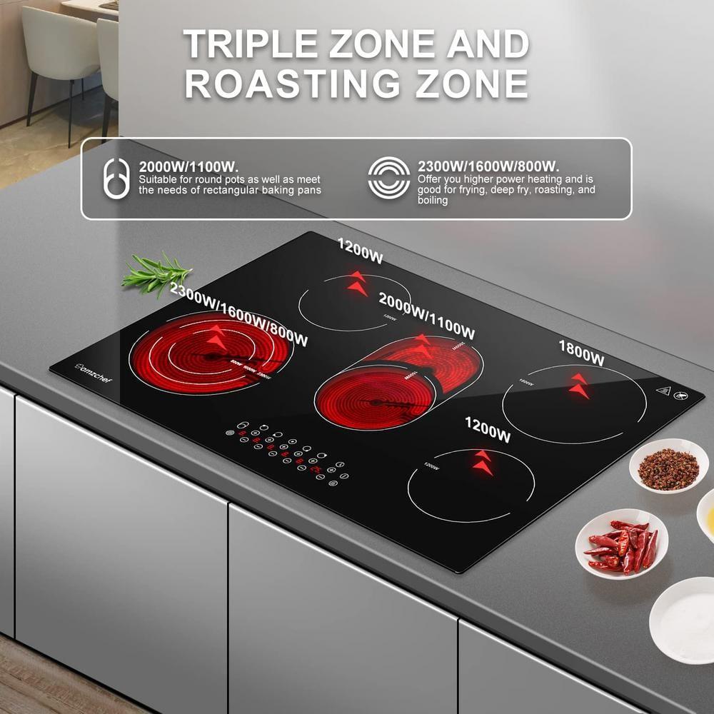 30 Inch cooktop,8500 Watt 5 Stoves,9-section heating Burner,Timer function,Waste heat alarm,Touch control,Scratch-resistant vitro ceramic glass