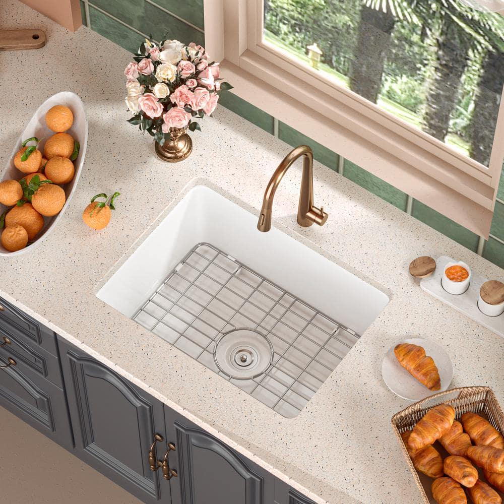 24" L x 19" W Rectangular White Fireclay Undermount Kitchen Sink with Basket Strainer and Sink Grid