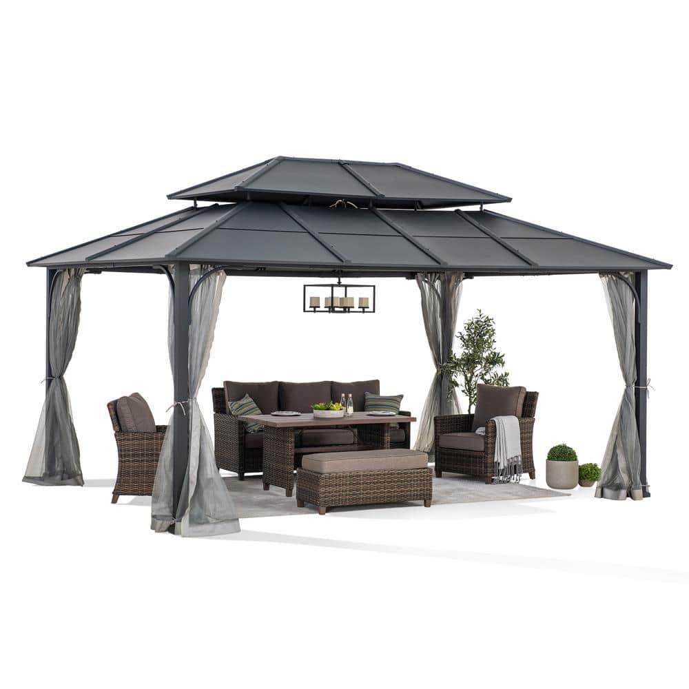 Sunjoy Sunjoy Hardtop Gazebo 12 x 16 ft. Outdoor Gazebo, Heavy Duty Steel Frame Gazebo, Double Tiered Metal Gazebo with Ceiling Hook and Removable Netting Sidewalls