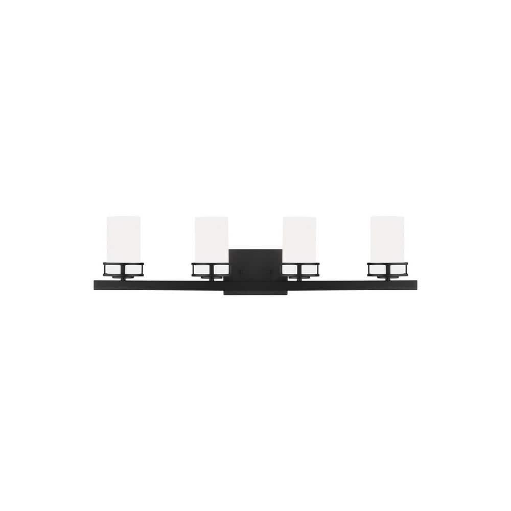 Robie 34 in. 4-Light Matte Black Transitional Rustic Wall Bathroom Vanity Light with Etched White Glass Shades