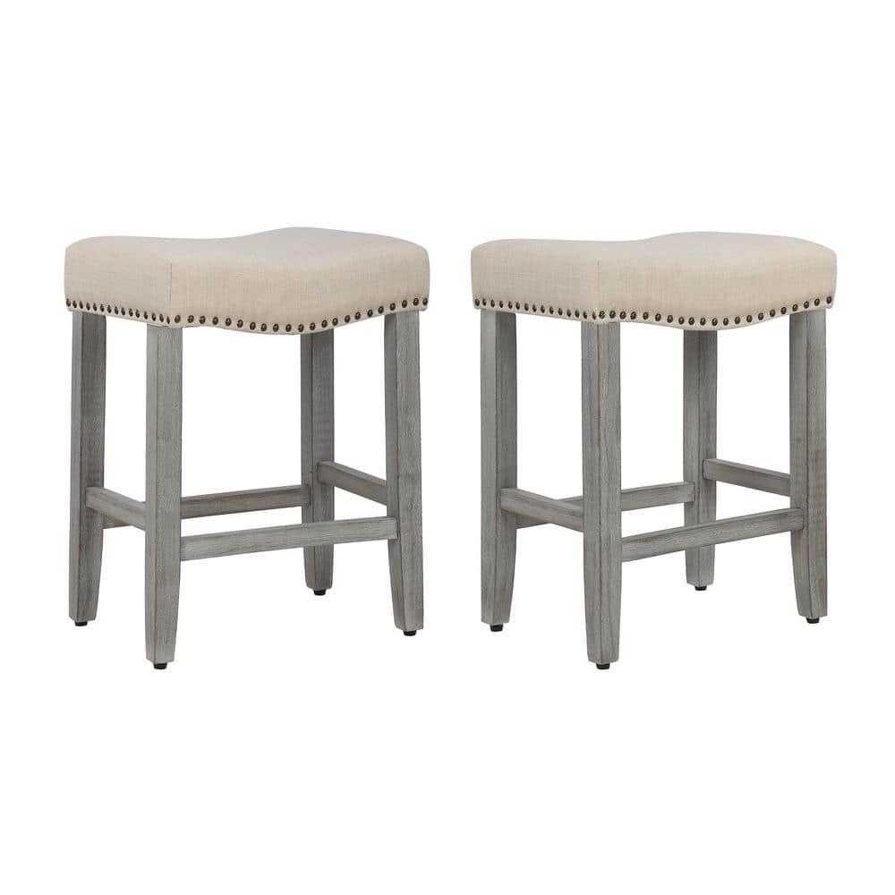 Polytrends Jameson Upholstered Polyester Gray 24 Inch Counter Stool (Set Of 2) Antique Gray/Beige Metal Foam Upholstered Foam Cabin & Lodge