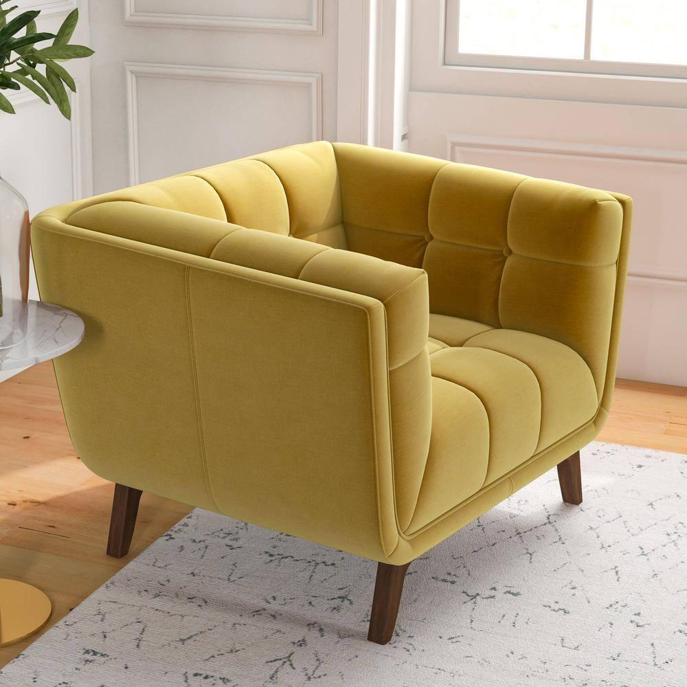 Arcadia Modern Tufted Tight Back Velvet Upholstered Lounge Chair in Dark Yellow