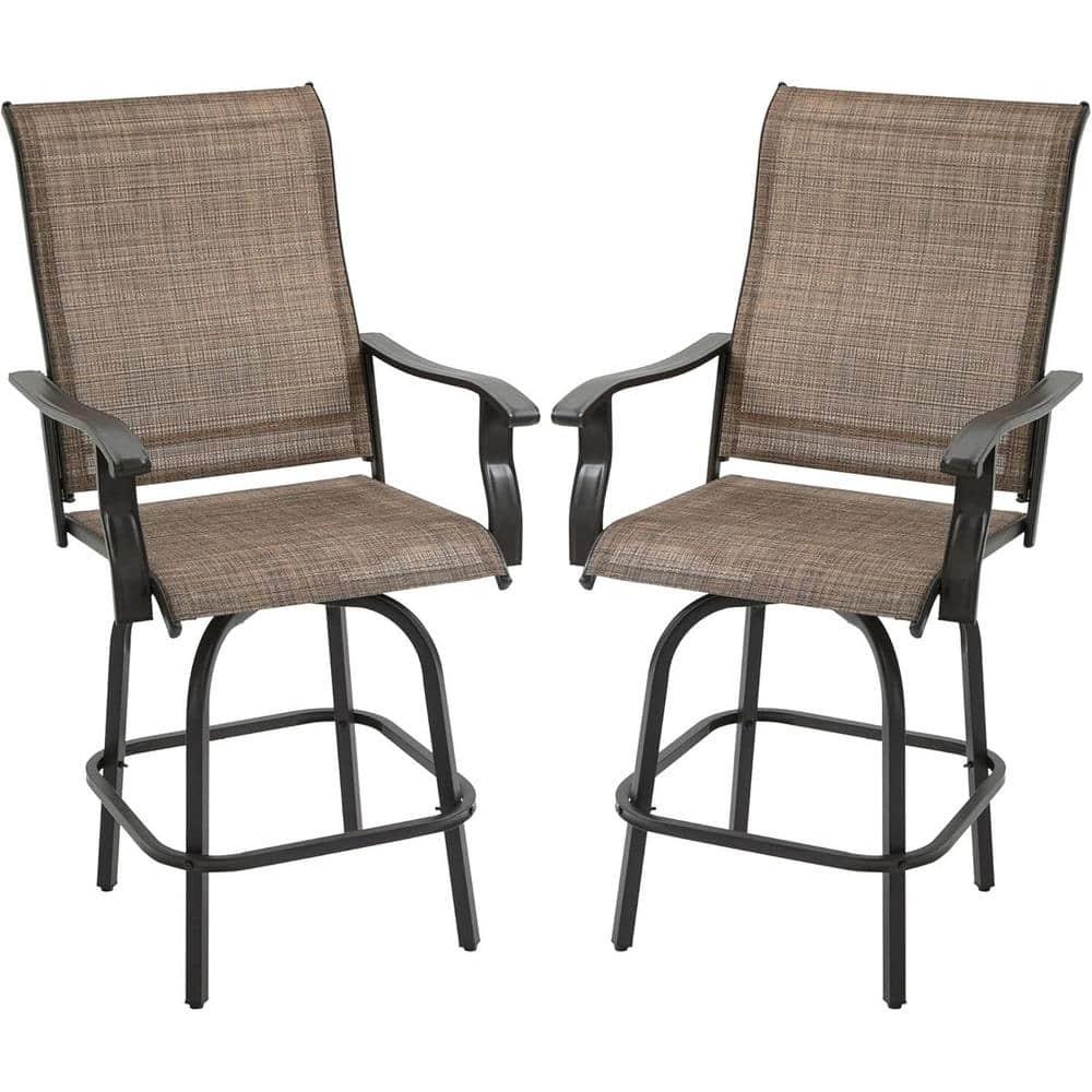 Canora Grey Outsunny Set of 2 Outdoor Swivel Bar Stools with Armrests, Bar Height Patio Chairs with Steel Frame , Brown