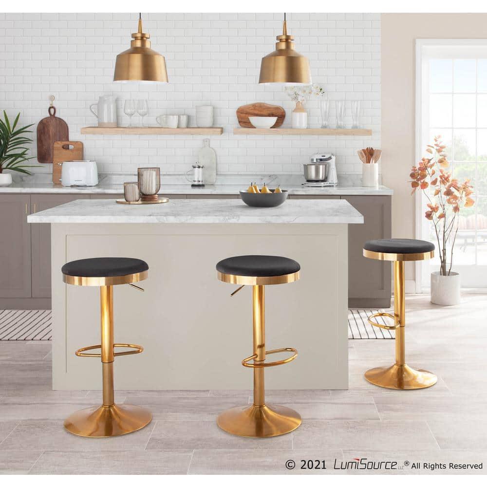 Set of 2 Dakota Glam Adjustable Barstools Steel/Velvet Gold/Black - LumiSource: Swivel, Footrest, Mid-Century Modern Design